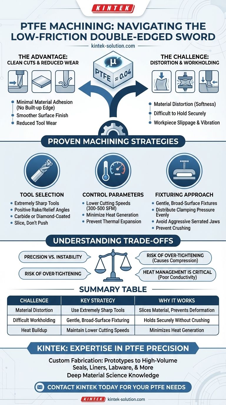 How does PTFE's low coefficient of friction affect its machining process? Balancing Clean Cuts with Material Distortion Visual Guide