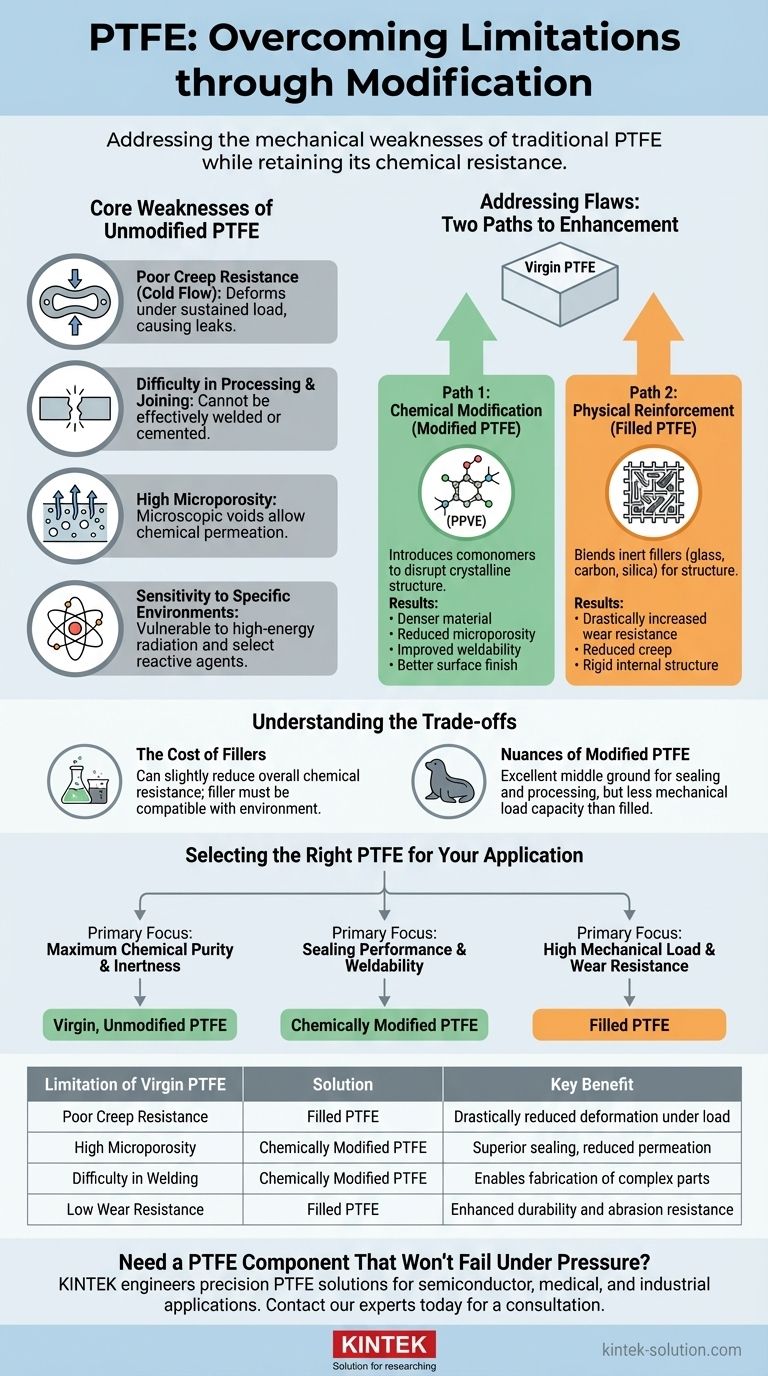 기존 PTFE의 한계는 무엇인가요? 변성 PTFE로 크리프 및 다공성 문제 극복 시각적 가이드