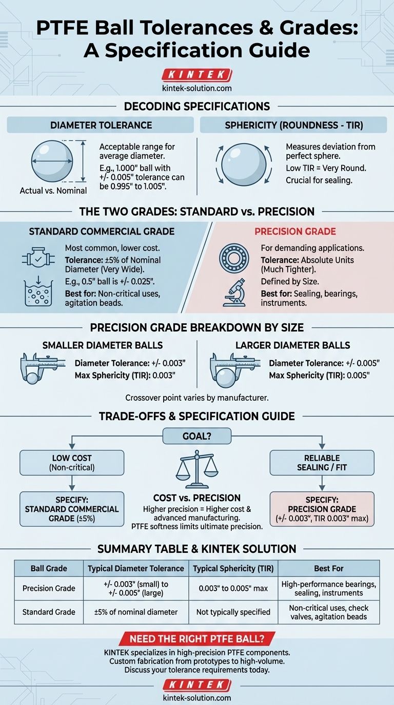 Quelles sont les tolérances des billes en PTFE en fonction de leur taille ? Explication des grades Précision et Standard Guide Visuel