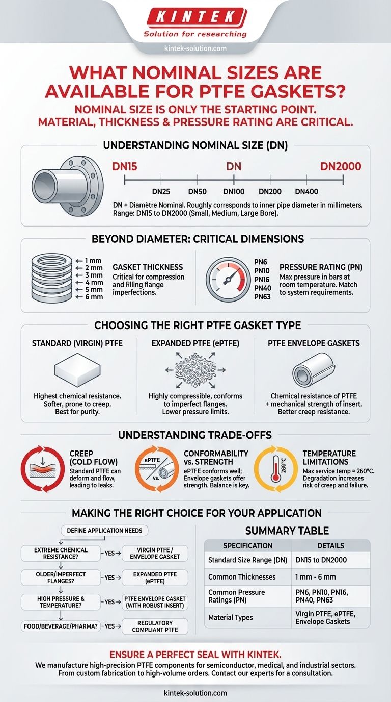 PTFE 개스킷에 사용 가능한 공칭 치수는 무엇입니까? DN15부터 DN2000 및 그 이상까지 시각적 가이드