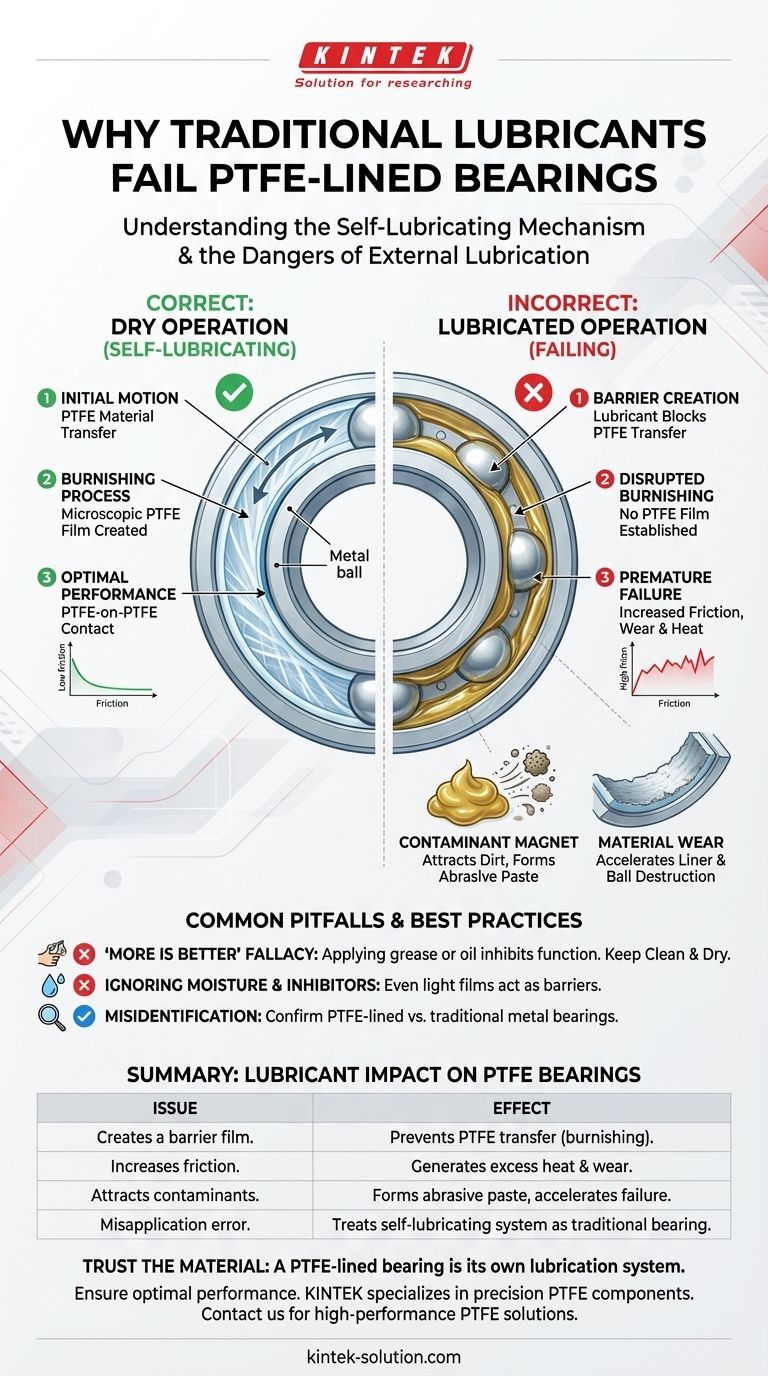 Why should traditional lubricants not be used with PTFE-lined bearings? Avoid Premature Failure and High Friction Visual Guide