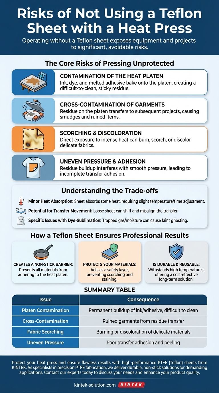 열 프레스에 테플론 시트를 사용하지 않을 경우 발생할 수 있는 잠재적인 문제는 무엇인가요? 장비 및 프로젝트 보호 시각적 가이드