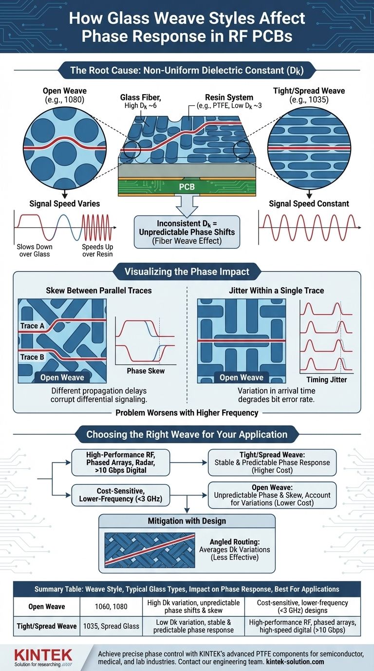 다양한 유리 직조 스타일이 RF PCB의 위상 응답에 어떤 영향을 미치나요? 고주파 설계에서 위상 일관성을 보장하세요 시각적 가이드