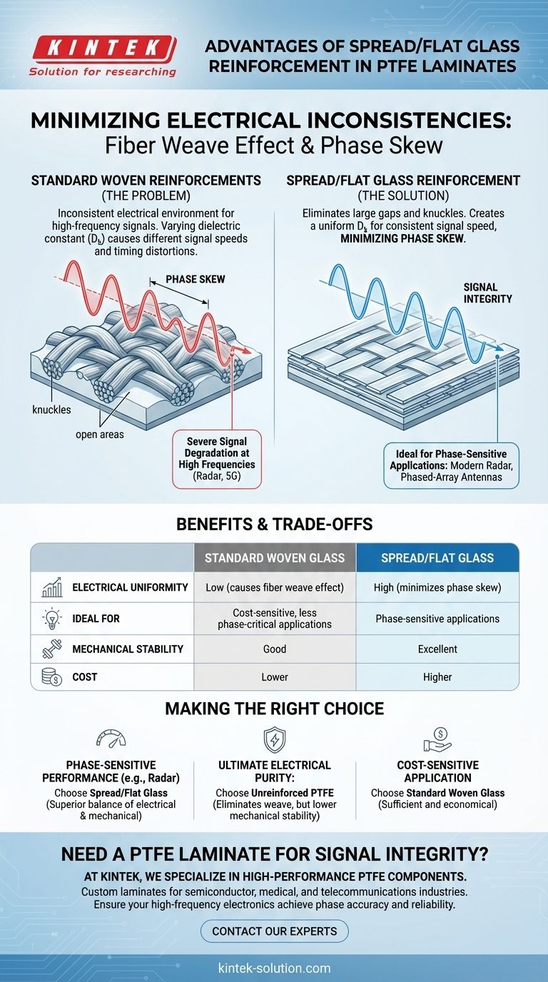 PTFE 라미네이트에 스프레드/플랫 유리 보강재를 사용할 때의 이점은 무엇입니까? 고주파 전자 장치의 우수한 신호 무결성 달성 시각적 가이드