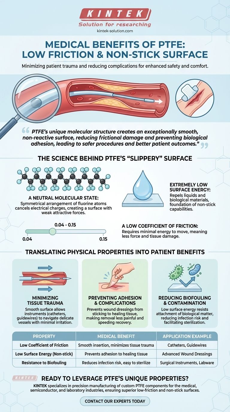 What medical benefits does PTFE's low friction and non-stick surface provide? Minimize Patient Trauma & Complications Visual Guide