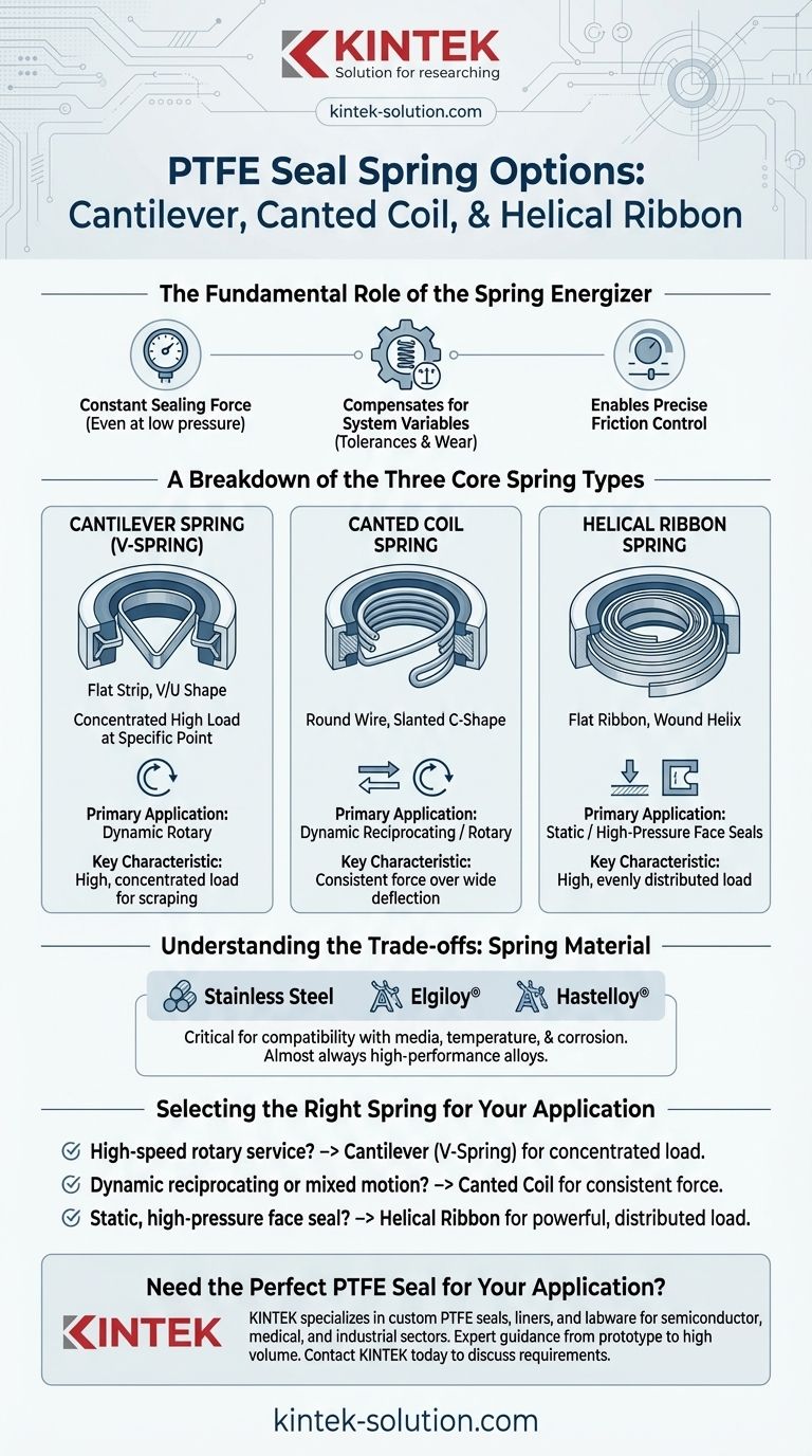 PTFE 씰에 사용할 수 있는 스프링 옵션은 무엇인가요? 캔틸레버, 경사 코일 및 헬리컬 스프링 가이드 시각적 가이드