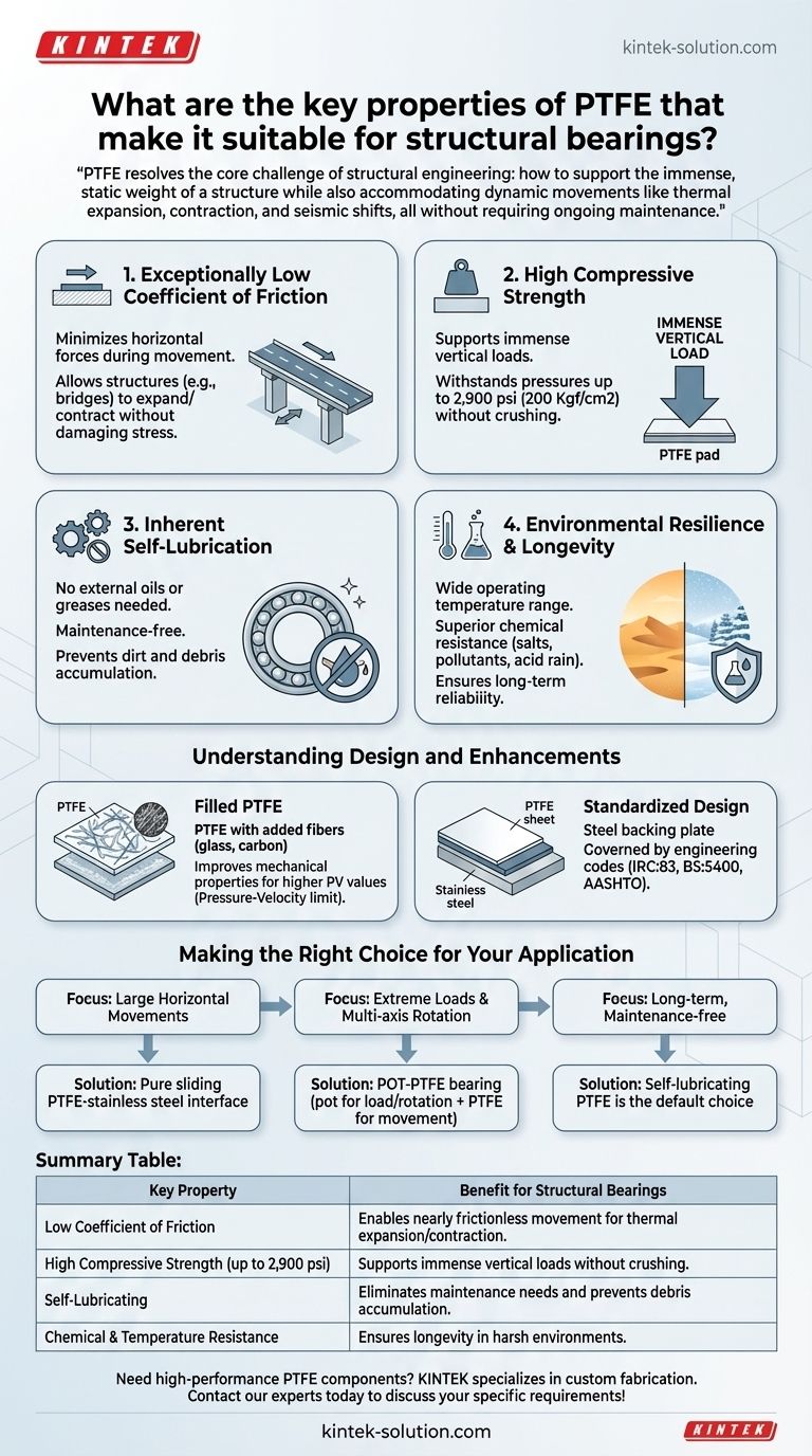 PTFE의 주요 특성 중 구조용 베어링에 적합하게 만드는 요소는 무엇입니까? 뛰어난 하중 지지력 및 움직임 잠금 해제 시각적 가이드