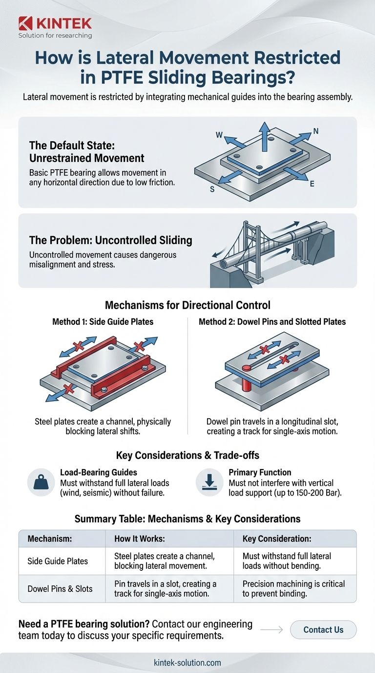 PTFE 슬라이딩 베어링에서 횡방향 움직임은 어떻게 제한되나요? 가이드 플레이트와 다월 핀 설명 시각적 가이드