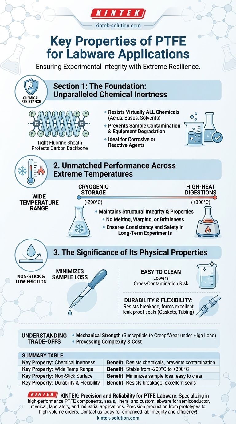 Quali sono le proprietà chiave del PTFE che lo rendono adatto per le applicazioni di vetreria da laboratorio? Garantisci l'integrità del laboratorio con un materiale superiore Guida Visiva