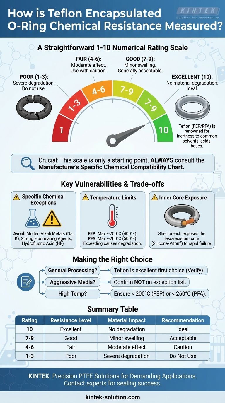 How is chemical resistance for Teflon encapsulated O-rings measured? Use the 1-10 Scale for Reliable Sealing Visual Guide