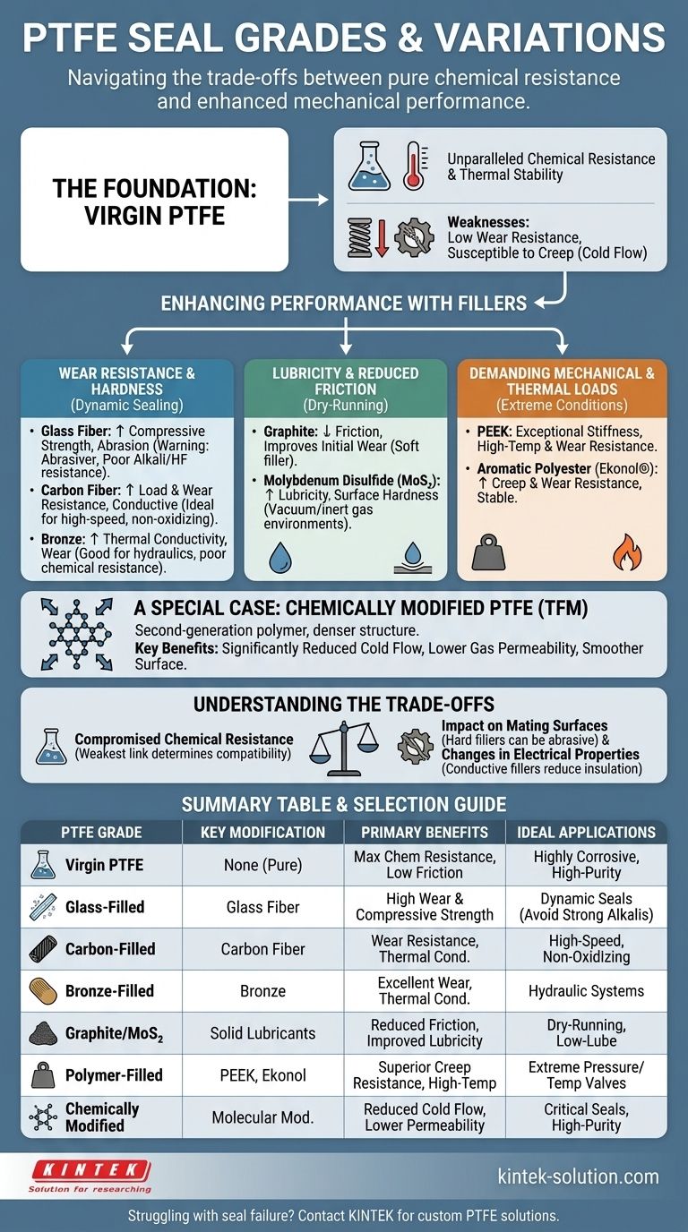 Quali sono alcune delle comuni varianti e gradi di PTFE utilizzati nelle guarnizioni? Ottimizza le prestazioni con il materiale giusto Guida Visiva