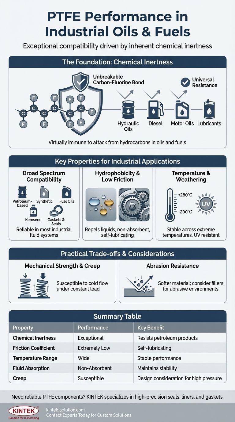 PTFE는 일반적인 산업용 오일 및 연료에 대해 어떻게 성능을 발휘합니까? 씰 및 라이너를 위한 타의 추종을 불허하는 내화학성 시각적 가이드