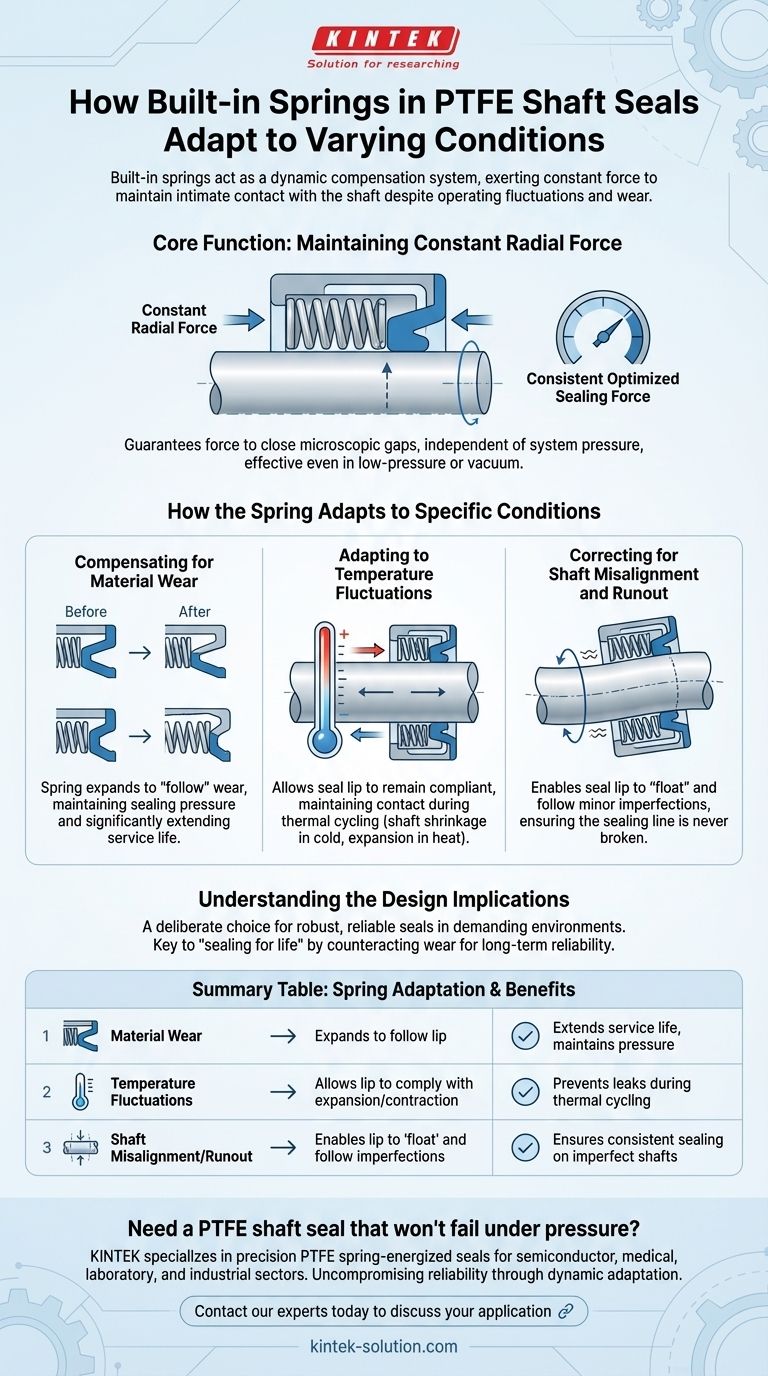내장 스프링은 PTFE 샤프트 씰이 변화하는 조건에 적응하도록 어떻게 돕습니까? 안정적이고 오래 지속되는 씰을 보장합니다. 시각적 가이드
