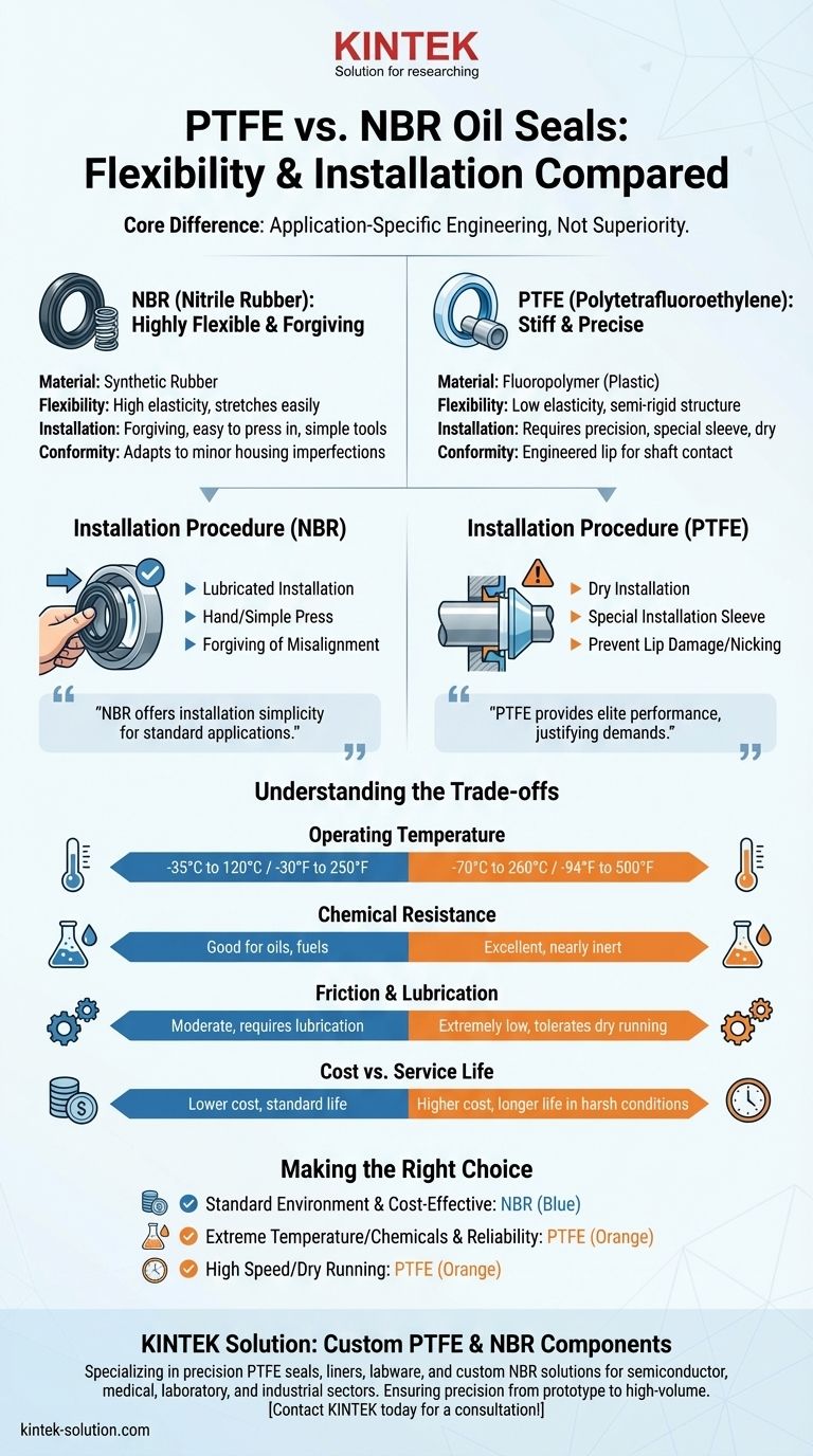 PTFE 오일 씰과 NBR 오일 씰을 유연성과 설치 용이성 측면에서 비교해 보세요. 귀하의 응용 분야에 적합한 씰을 선택하십시오. 시각적 가이드