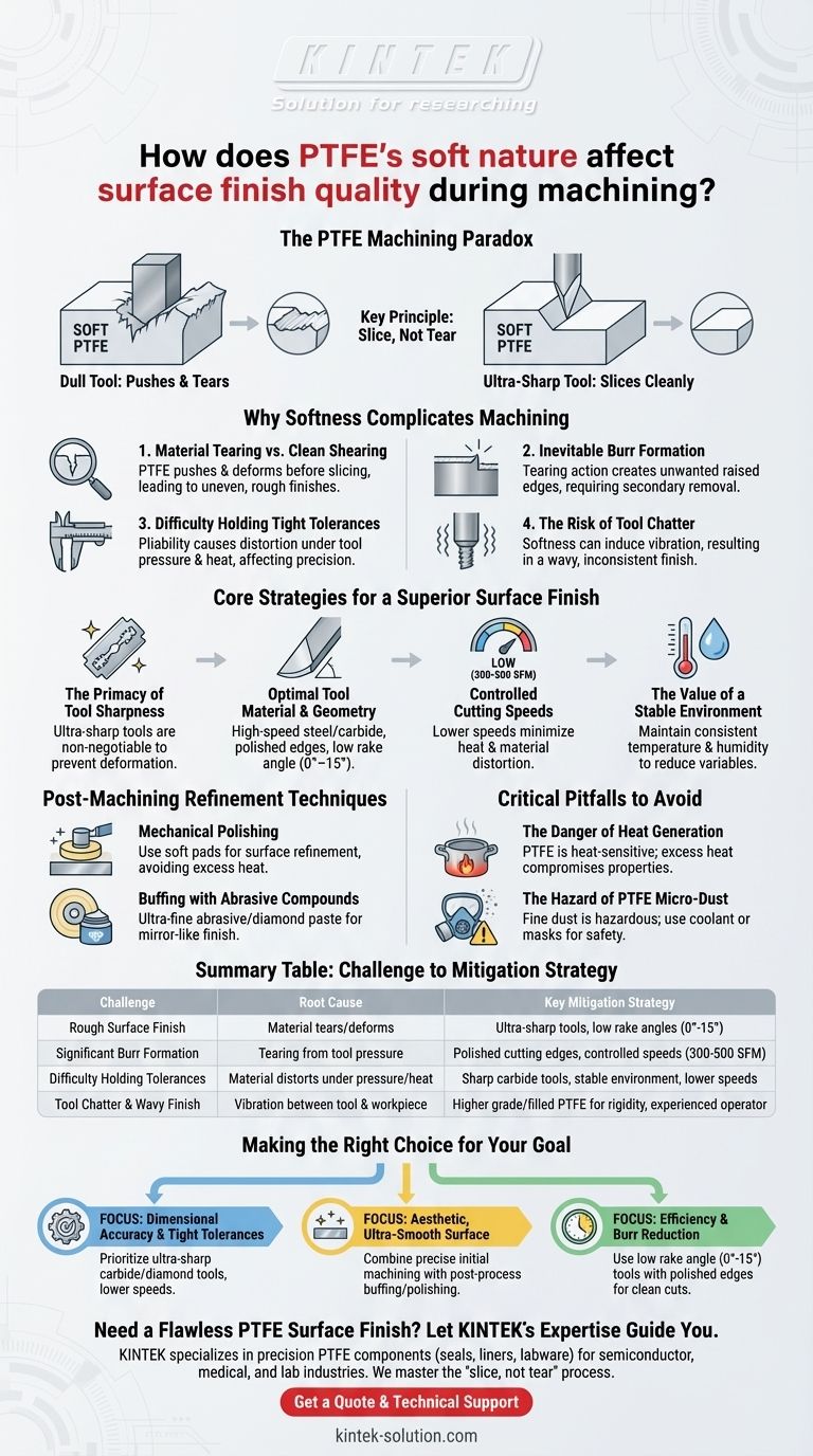 PTFE의 부드러운 특성이 가공 시 표면 조도 품질에 어떤 영향을 미치나요? 자르기(Slice), 찢기(Tear) 방지 공정 마스터하기 시각적 가이드