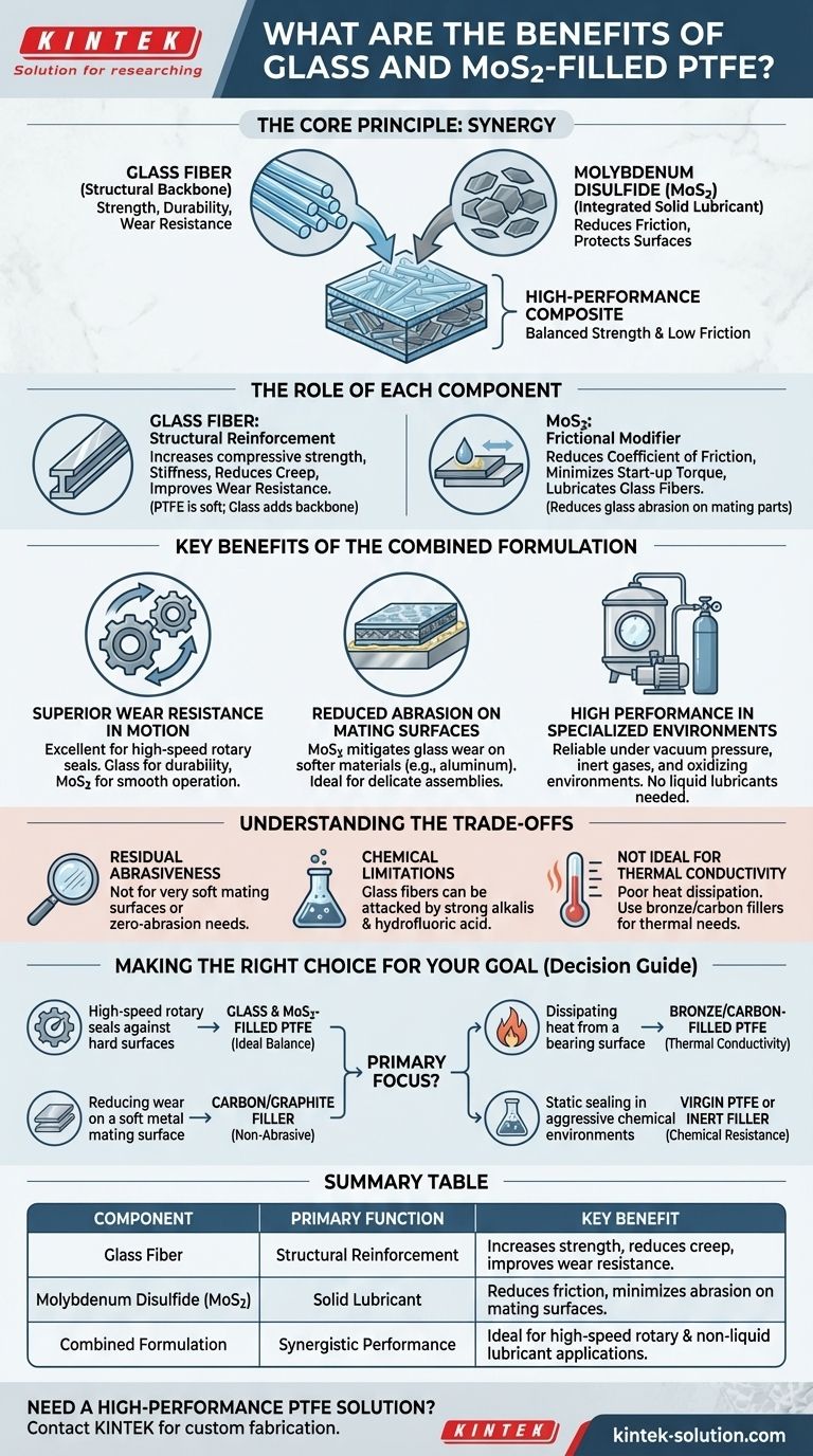 Quali sono i vantaggi del PTFE riempito con vetro e MoS2? Ottieni prestazioni superiori in applicazioni esigenti Guida Visiva