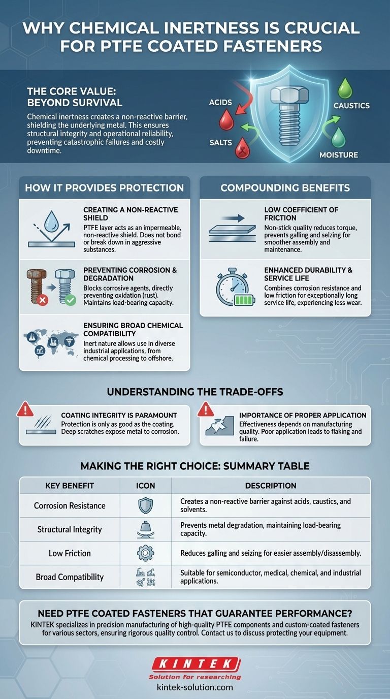 Perché l'inerzia chimica è importante per i dispositivi di fissaggio rivestiti in PTFE? Garantire l'affidabilità a lungo termine in ambienti difficili Guida Visiva