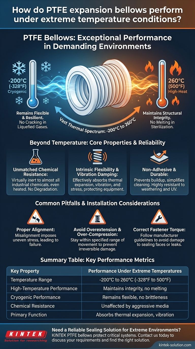 Come si comportano i soffietti di espansione in PTFE in condizioni di temperatura estreme? Garantire l'integrità del sistema da -200°C a 260°C Guida Visiva