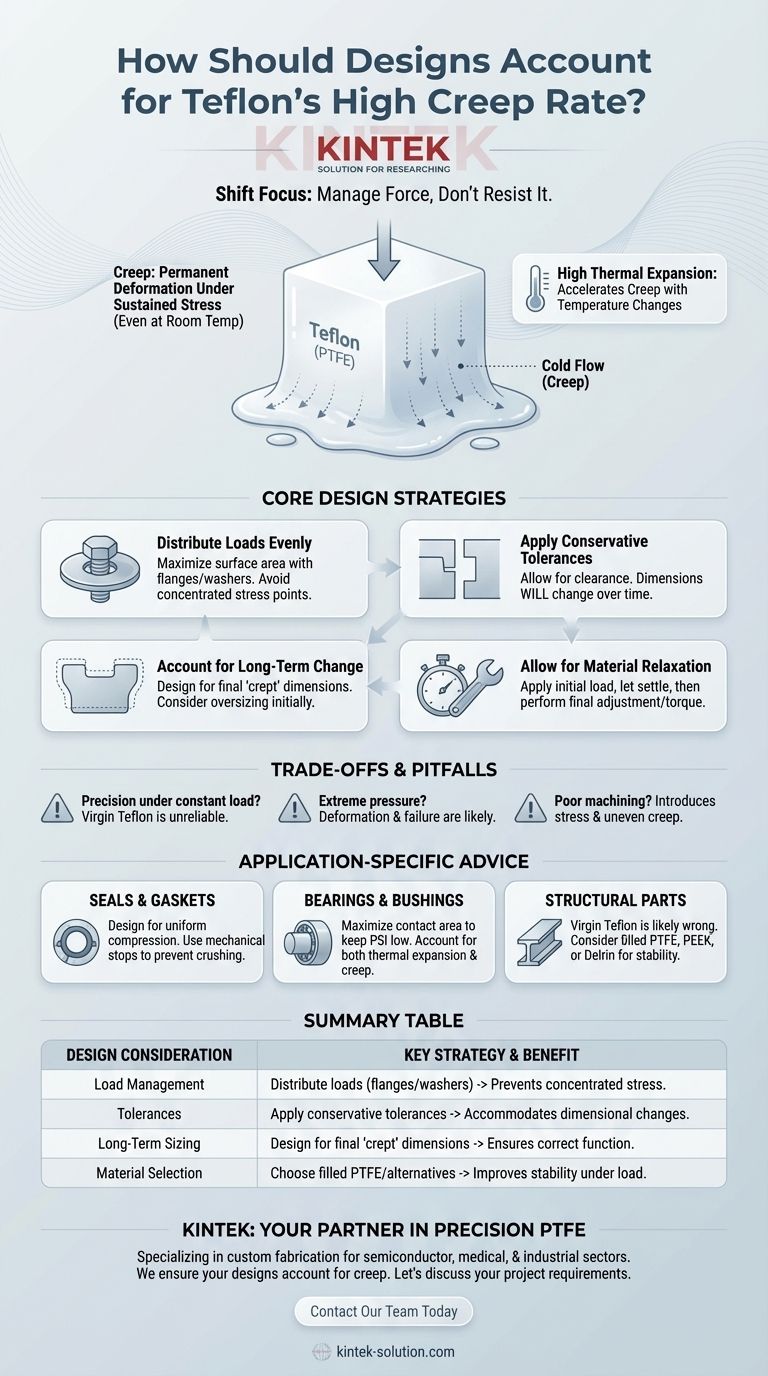 Como os projetos devem levar em conta a alta taxa de fluência (creep) do Teflon? Domine o Projeto de PTFE para Confiabilidade a Longo Prazo Guia Visual