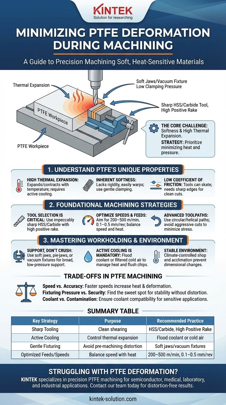 Come si può minimizzare la deformazione del PTFE durante la lavorazione? Padroneggia la precisione con utensili affilati e controllo termico Guida Visiva