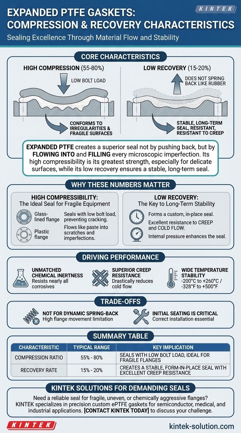 Quais são as características de compressão e recuperação das gaxetas de PTFE expandido? Obtenha Vedação Superior para Flanges Delicados Guia Visual