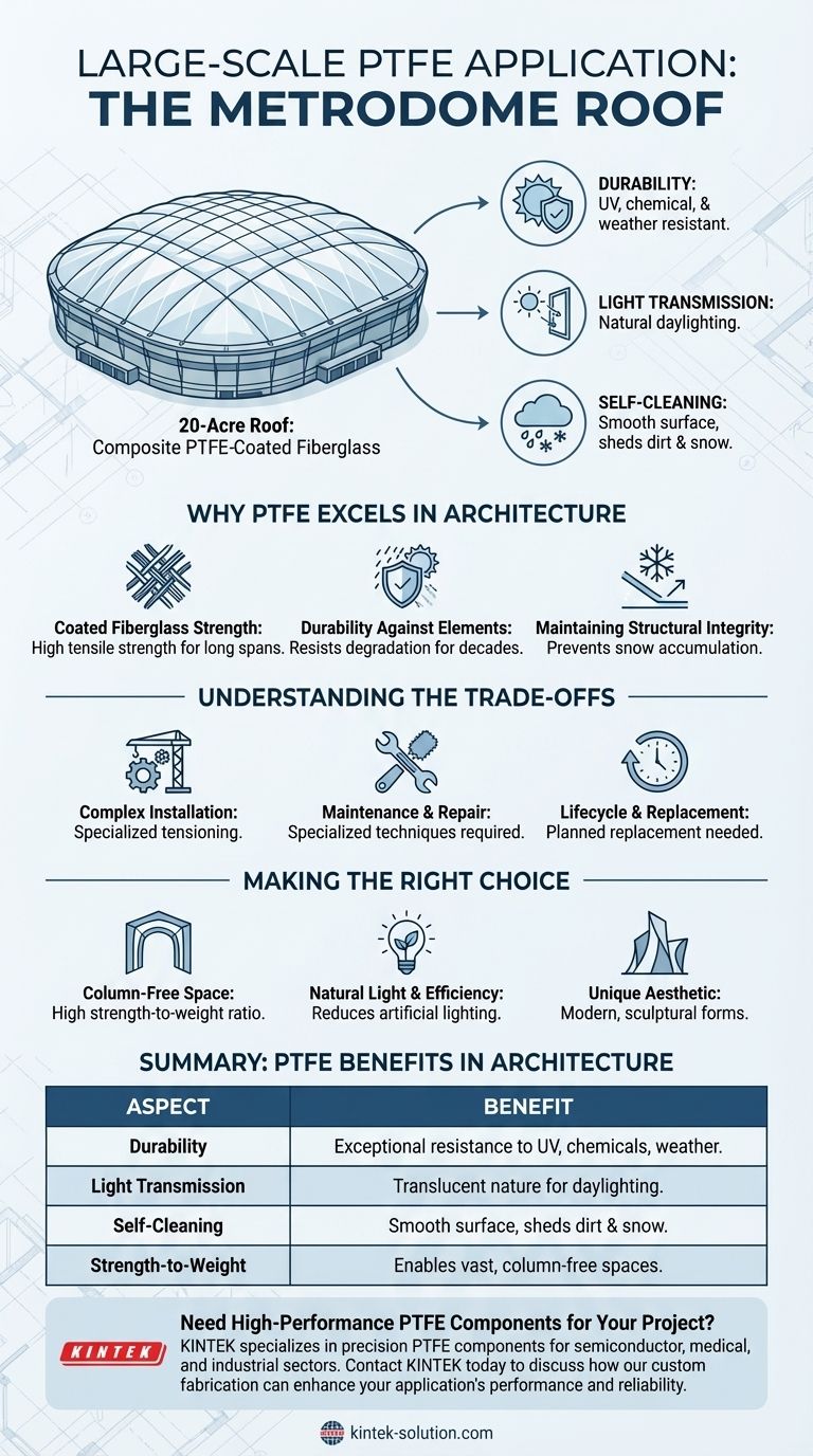 ¿Puede proporcionar un ejemplo de una aplicación de PTFE a gran escala? El techo de PTFE de 20 acres del Metrodome Guía Visual