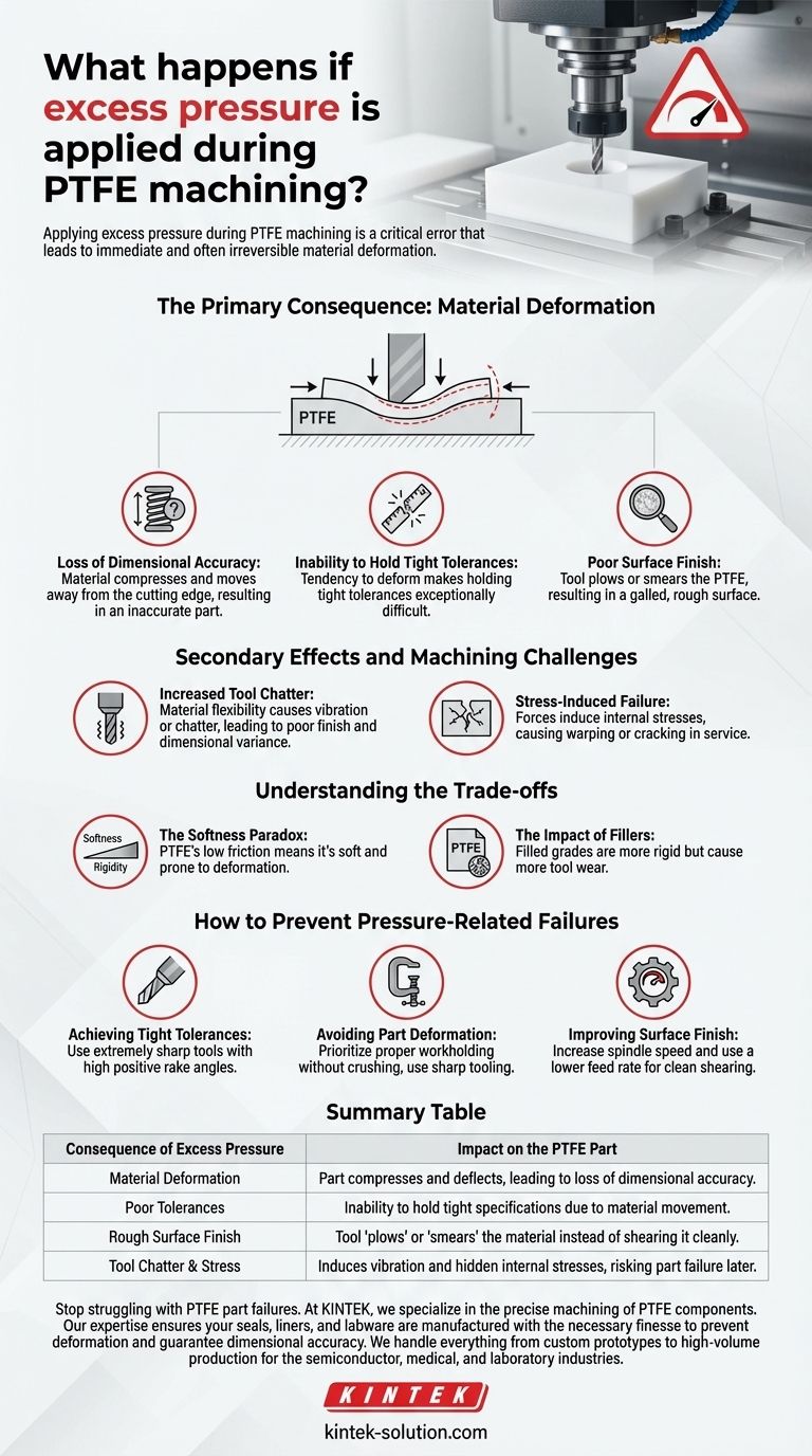 What can happen if excess pressure is applied during PTFE machining? Avoid Costly Part Failure and Deformation Visual Guide
