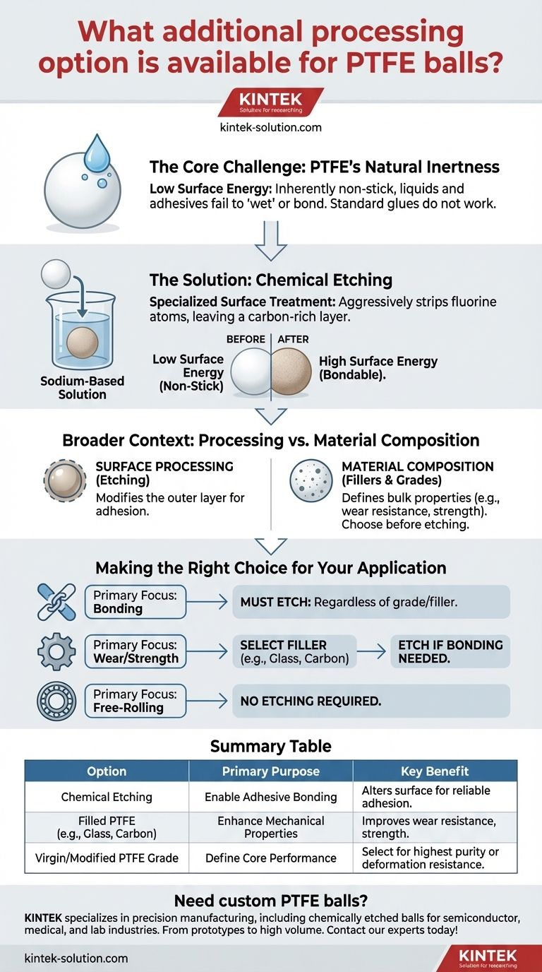 Qual opção de processamento adicional está disponível para esferas de PTFE? Ativar a Ligação Segura com Gravação Química Guia Visual
