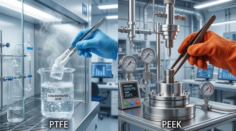 Wie verhalten sich PEEK und PTFE im Vergleich hinsichtlich Reibung und chemischer Beständigkeit? Wählen Sie den richtigen Hochleistungskunststoff