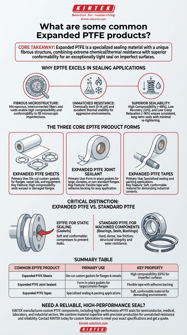 Quali sono alcuni prodotti comuni in PTFE espanso? Scopri le 3 forme principali per una tenuta superiore Guida Visiva