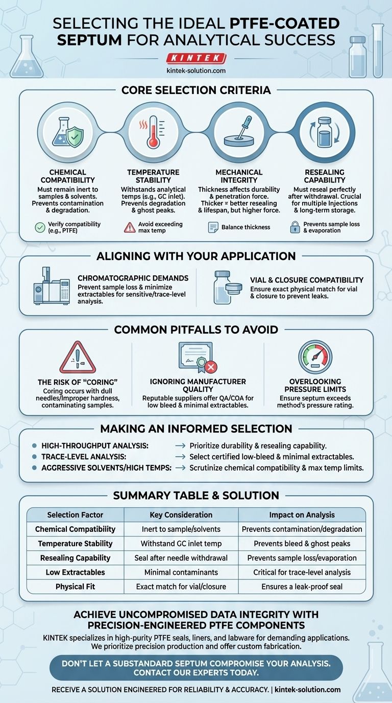 Quais fatores devem ser considerados ao selecionar um septo revestido com PTFE? Garanta Desempenho Máximo e Integridade dos Dados Guia Visual