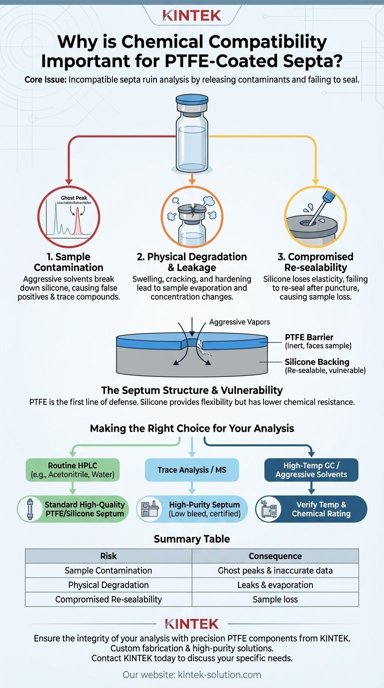 Why is chemical compatibility important when choosing a PTFE-coated septum? Avoid Sample Contamination and Data Loss Visual Guide