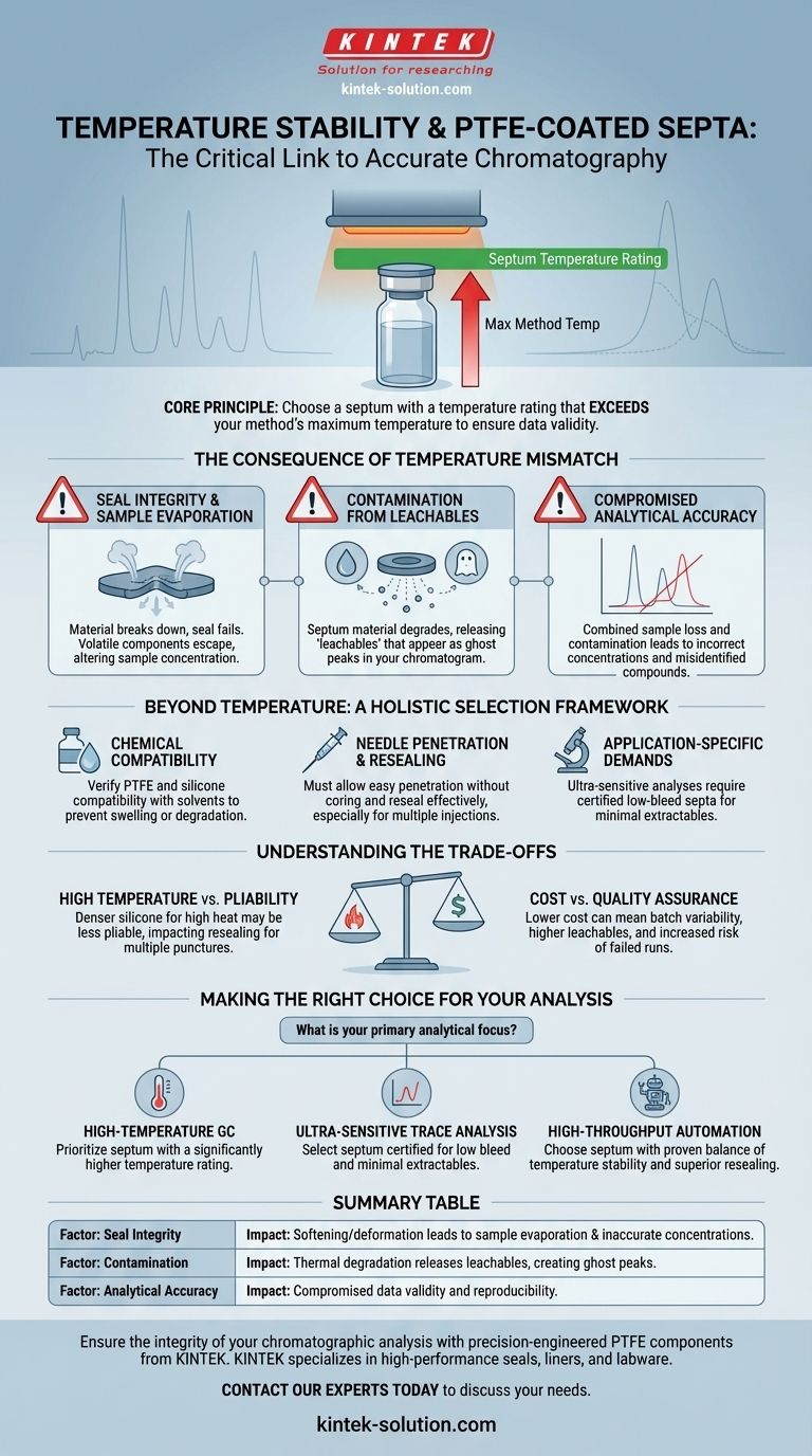 Wie beeinflusst die Temperaturstabilität die Wahl eines PTFE-beschichteten Septums? Gewährleisten Sie genaue chromatographische Ergebnisse Visuelle Anleitung