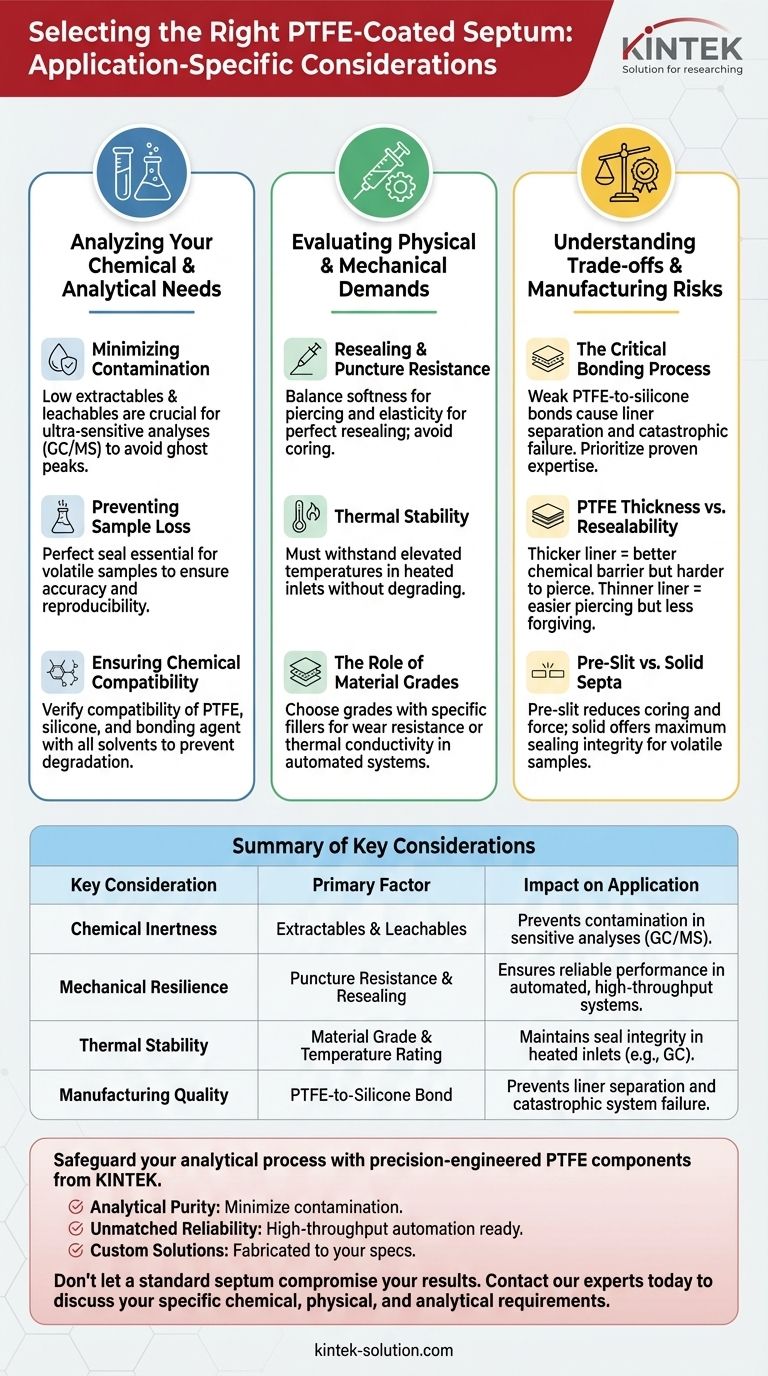 What application-specific considerations should be taken into account when selecting a PTFE-coated septum? Ensure Analytical Integrity Visual Guide