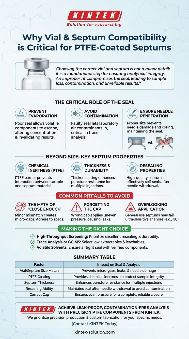 Por que a compatibilidade do tipo e tamanho do frasco é importante para septos revestidos com PTFE? Garanta uma Vedação Perfeita para Resultados Confiáveis Guia Visual