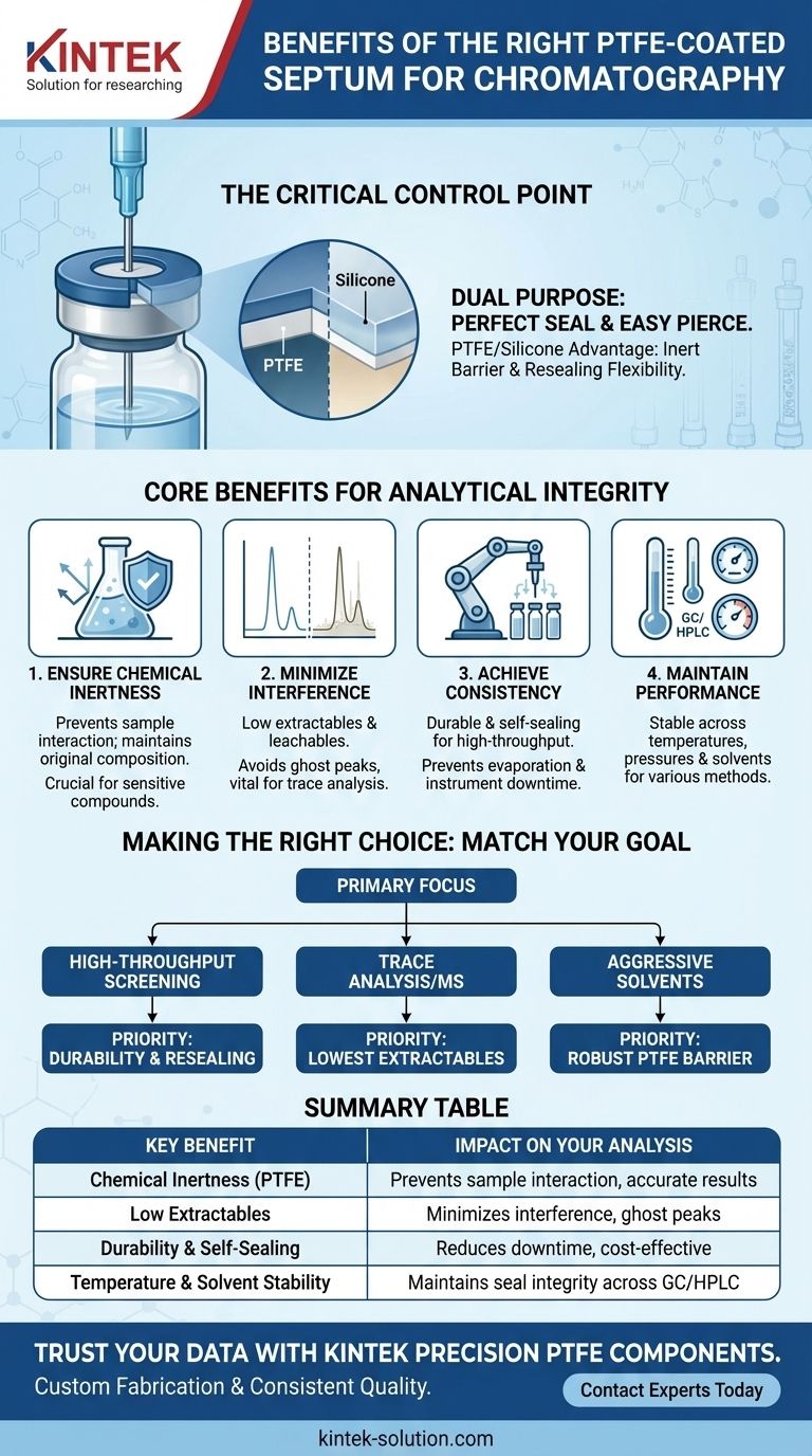 Каковы преимущества выбора подходящей септы с покрытием из ПТФЭ для хроматографии? Обеспечьте точные и воспроизводимые результаты Визуальное руководство