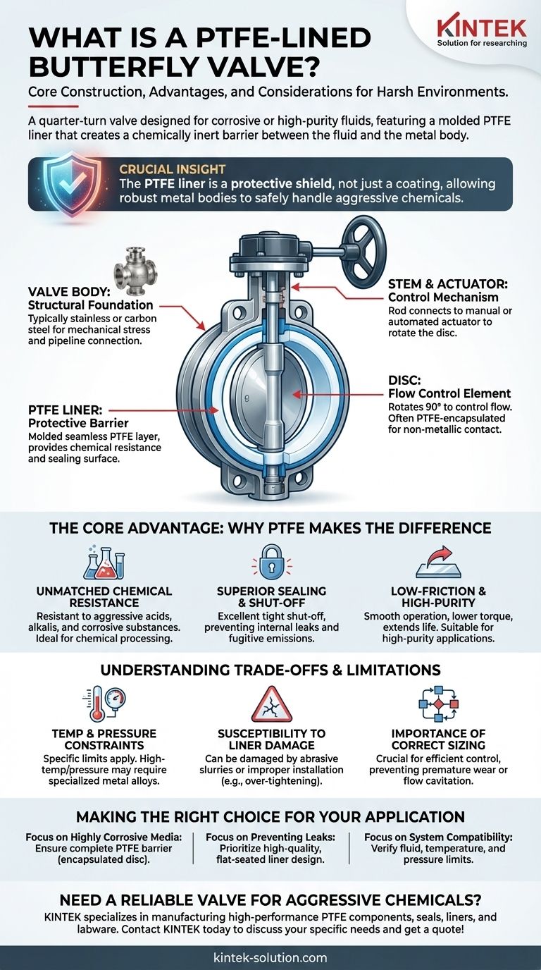 O que é uma válvula borboleta revestida com PTFE e como é construída? Controle de Fluidos Corrosivos e de Alta Pureza Guia Visual