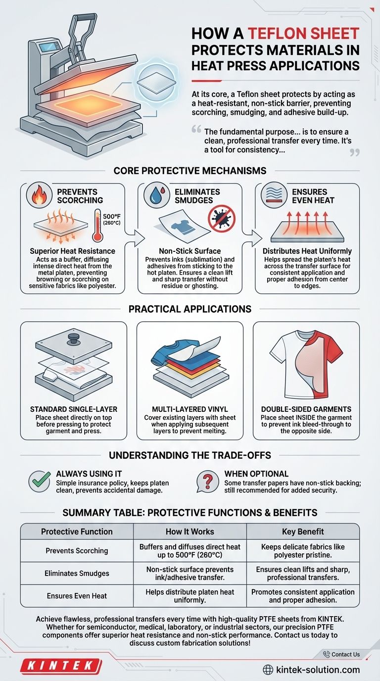 Como uma folha de Teflon protege os materiais durante as aplicações de prensa térmica? Evite Queimaduras e Borrões para Resultados Profissionais Guia Visual