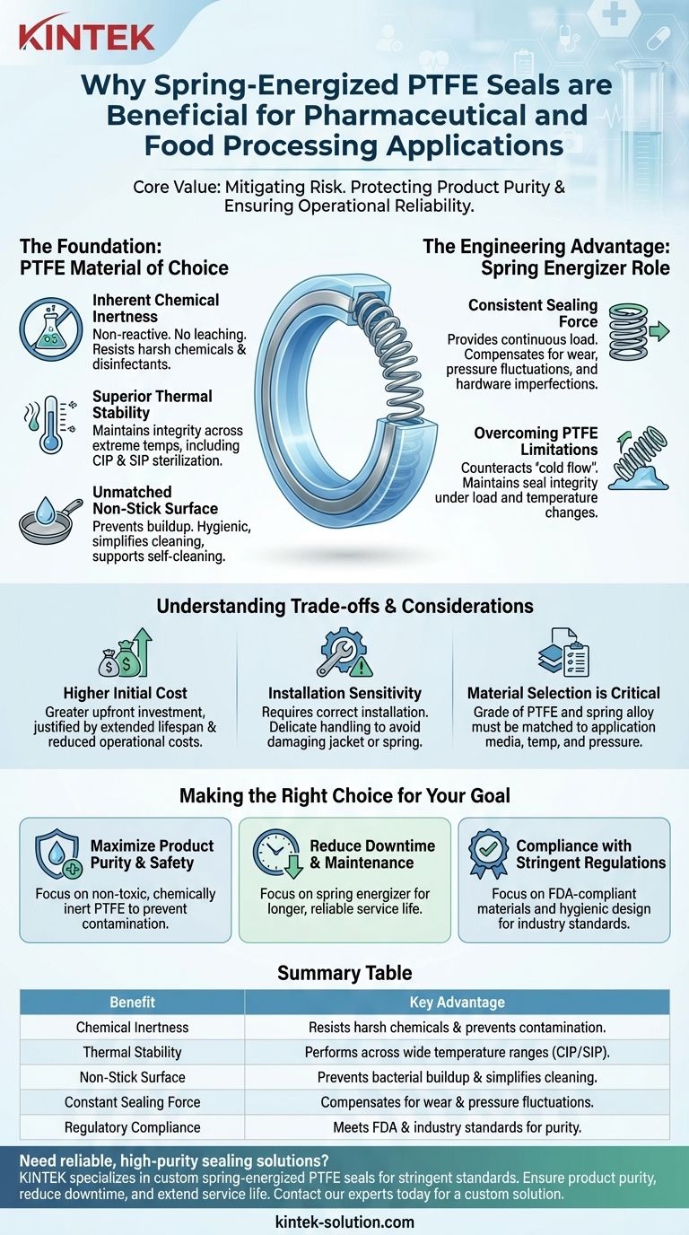 Каковы преимущества уплотнений из ПТФЭ с пружинным натяжением для фармацевтической и пищевой промышленности? Обеспечение чистоты и надежности Визуальное руководство