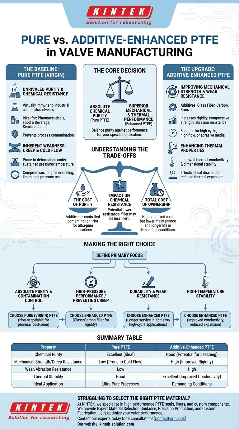 Quelles sont les considérations clés lors du choix entre le PTFE pur et le PTFE amélioré par des additifs dans la fabrication de vannes ? Optimiser la performance et la pureté Guide Visuel
