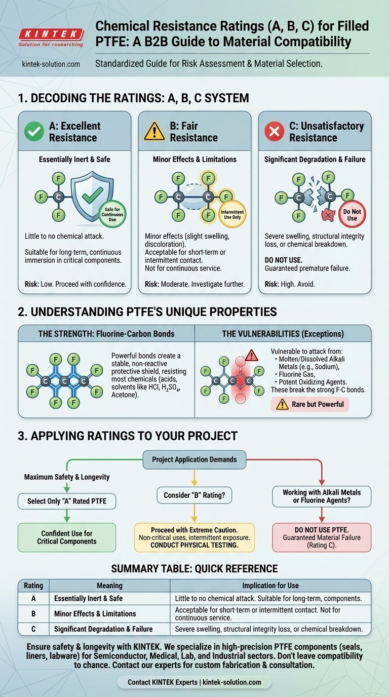 충전 PTFE의 내화학성 표에서 등급 A, B, C는 무엇을 나타냅니까? 재료 안전 가이드 시각적 가이드