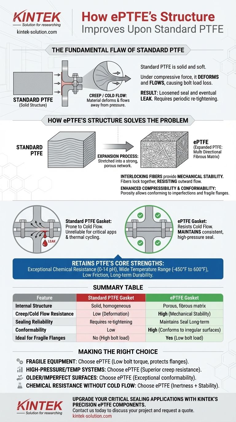كيف يحسن هيكل حشيات ePTFE من أداء حشيات PTFE القياسية؟ حل مشكلة الزحف والتدفق البارد لتحقيق إغلاقات فائقة دليل مرئي