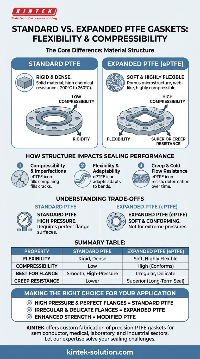 How do standard PTFE and expanded PTFE gaskets differ in terms of flexibility and compressibility? Select the Right Seal for Your Flange. Visual Guide