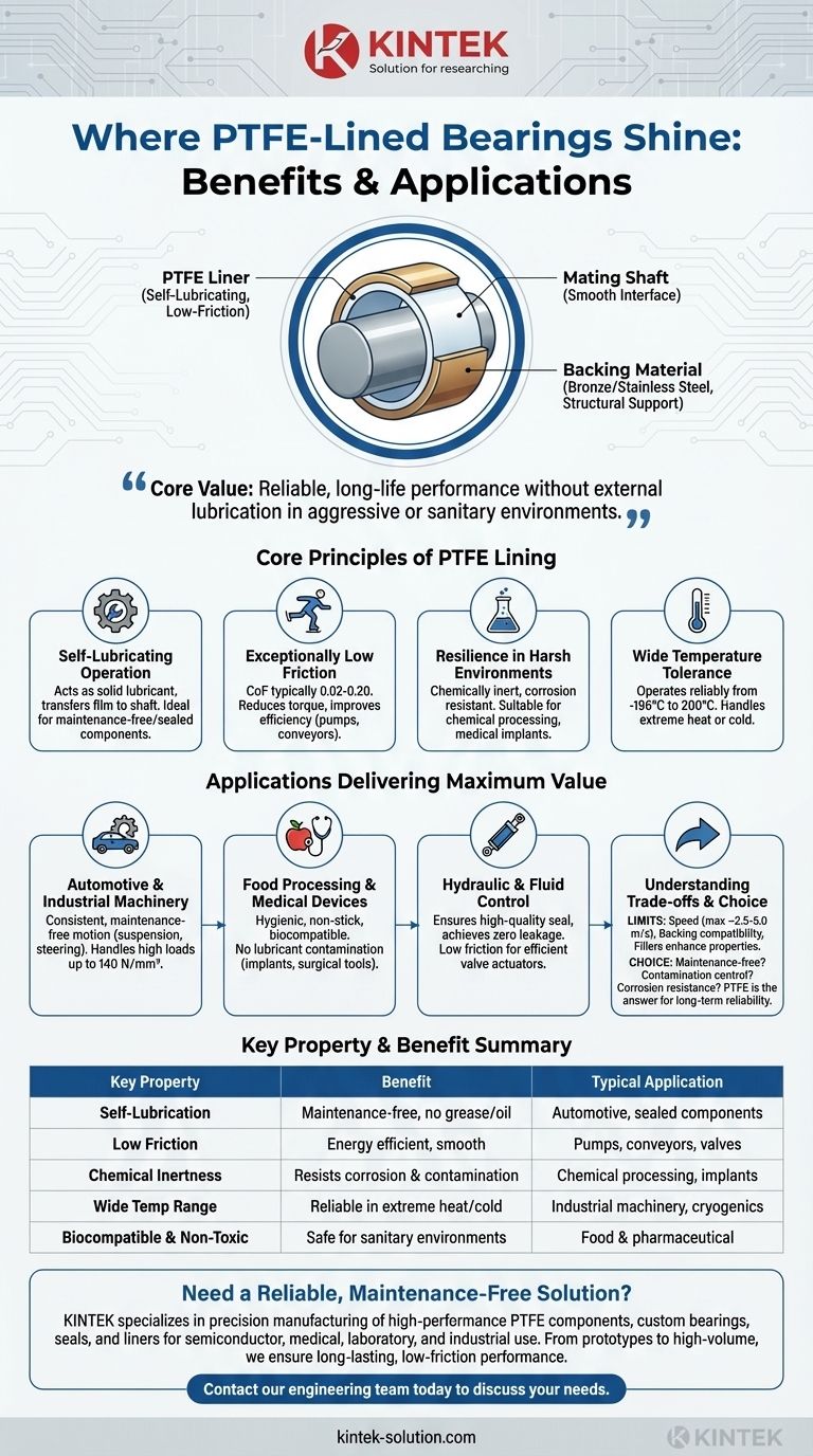 In what applications are PTFE-lined bearings particularly beneficial? For Maintenance-Free Performance in Harsh Environments Visual Guide