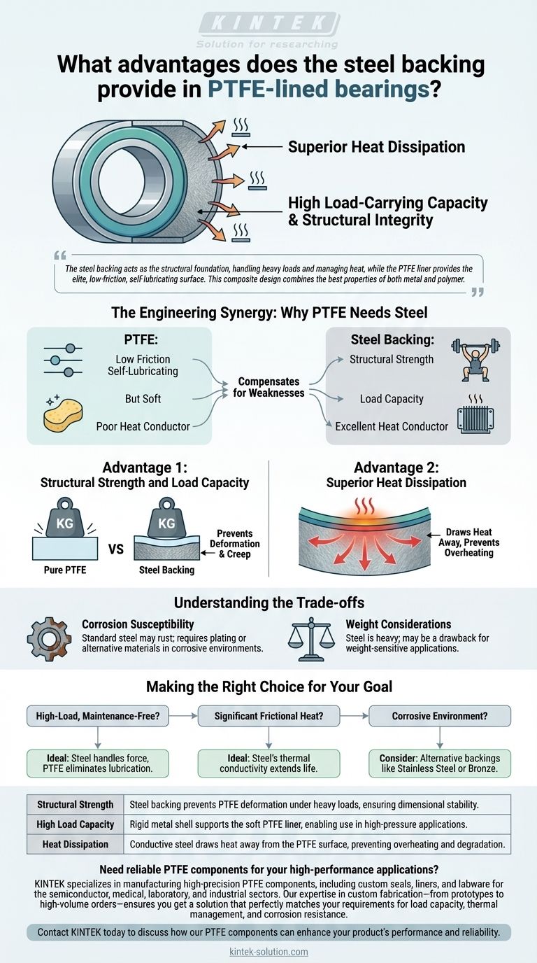 What advantages does the steel backing provide in PTFE-lined bearings? Achieve High Load Capacity & Superior Heat Dissipation Visual Guide