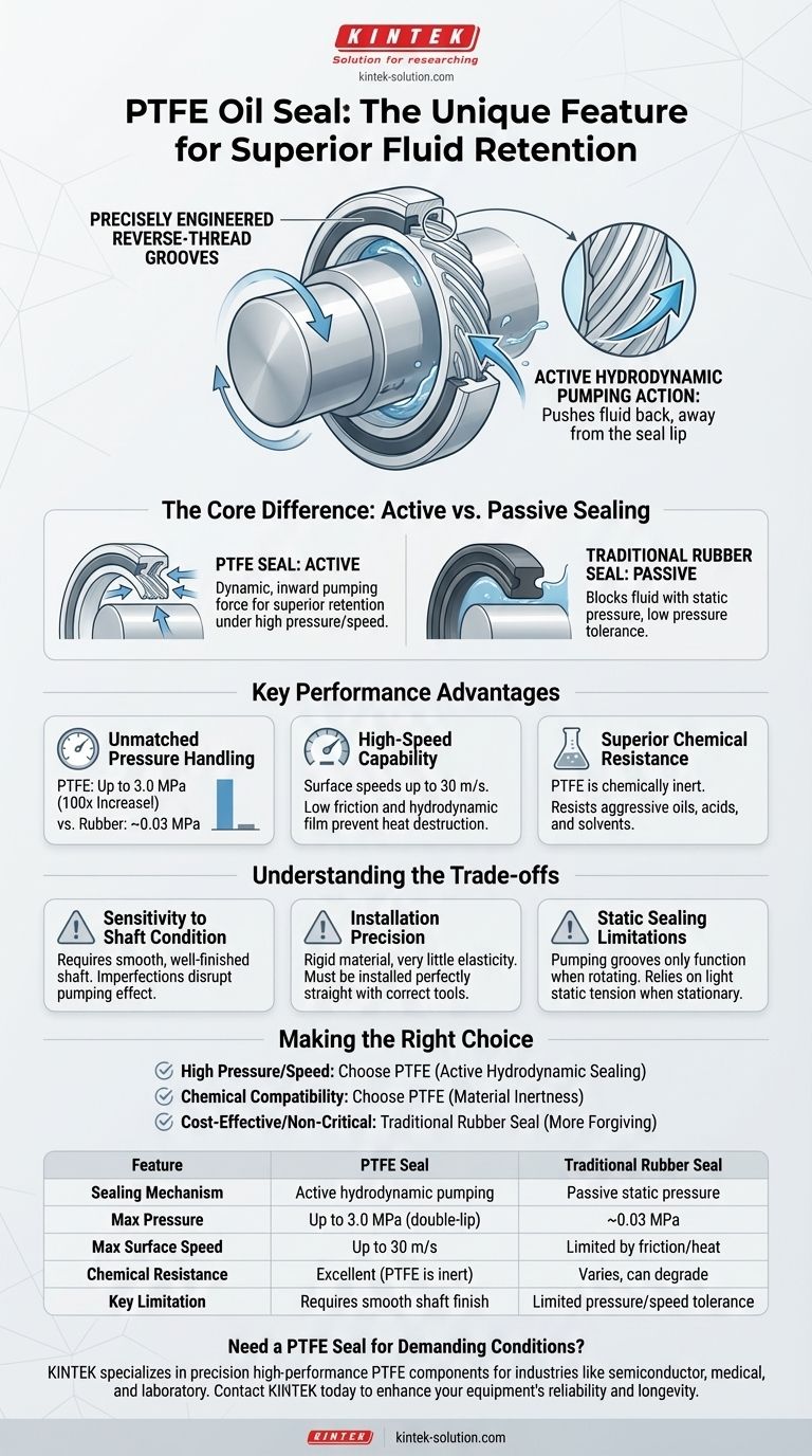 Qual característica única o retentor de óleo de PTFE possui para retenção de fluido? Vedação Hidrodinâmica Ativa Explicada Guia Visual