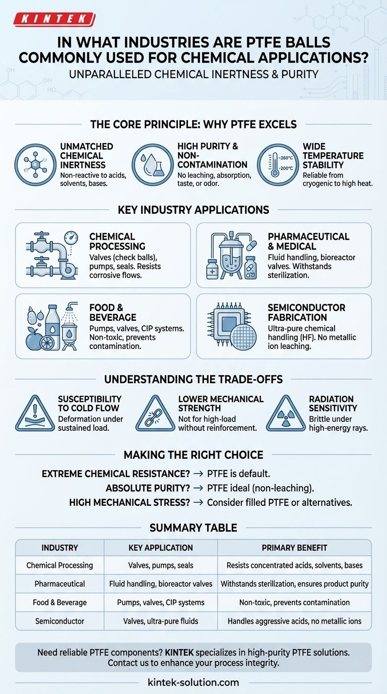 Em que setores as esferas de PTFE são comumente usadas para aplicações químicas? Garanta Pureza e Resistência Química Guia Visual