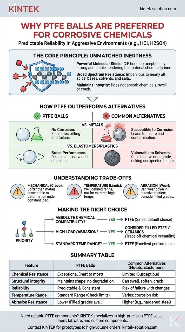 Por que as esferas de PTFE são preferidas para manusear produtos químicos corrosivos como ácido clorídrico ou ácido sulfúrico? Garanta Resistência Química Incomparável Guia Visual