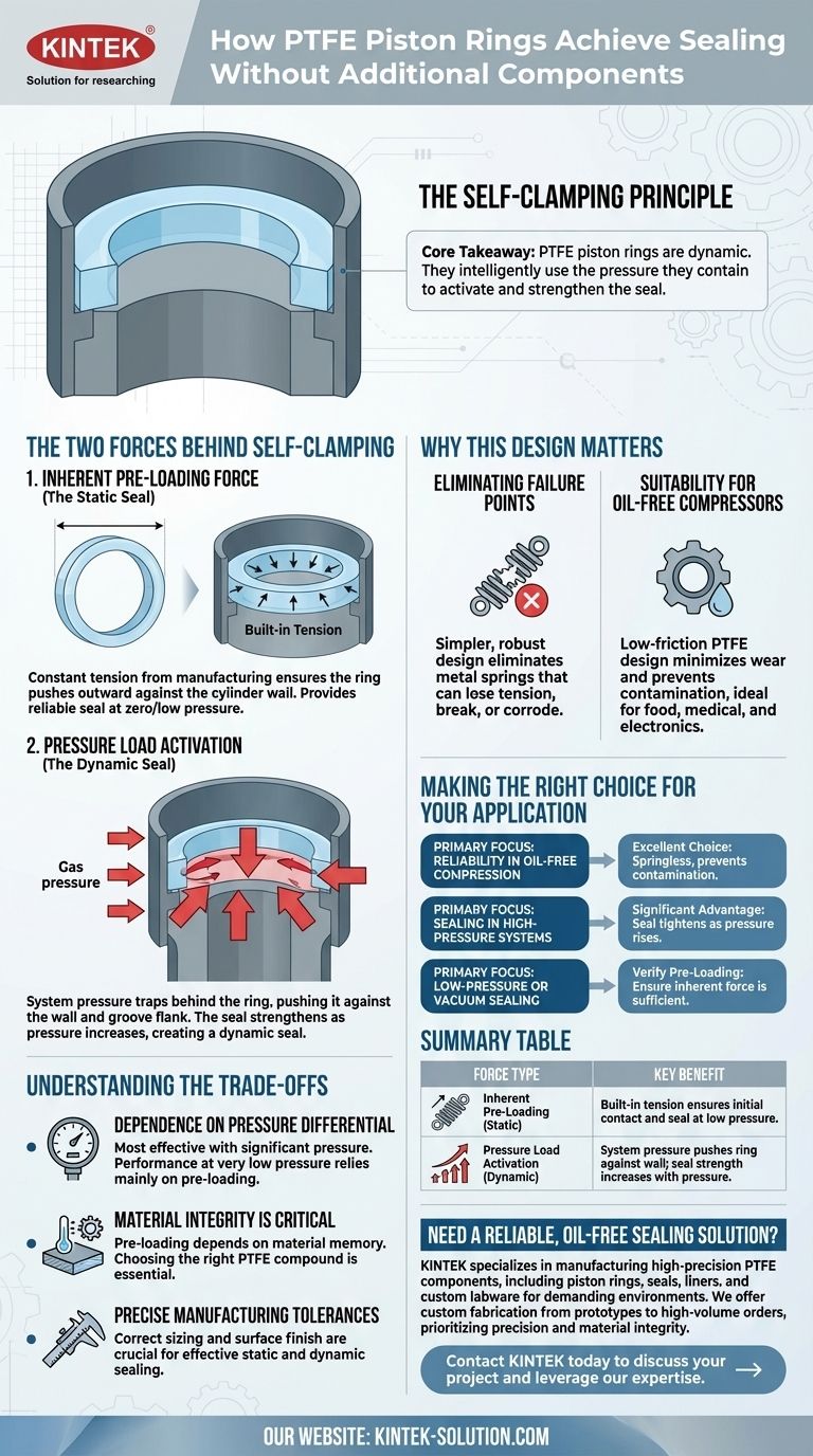 Como os anéis de pistão de PTFE conseguem a vedação sem componentes adicionais? Descubra o Princípio de Auto-Aperto Guia Visual