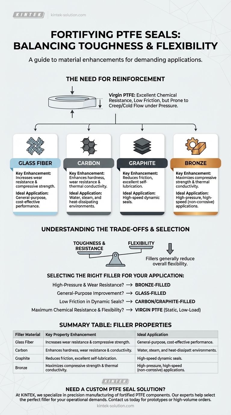 ما هي المواد الشائعة المستخدمة لتقوية موانع التسرب المصنوعة من PTFE؟ عزز الأداء بالزجاج والكربون والجرافيت والبرونز دليل مرئي